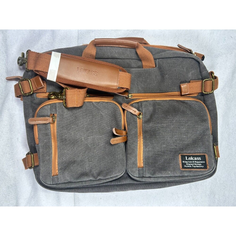 Lokass Gray Canvas Laptop Travel Backpack Multi Pocket Convertible Bag